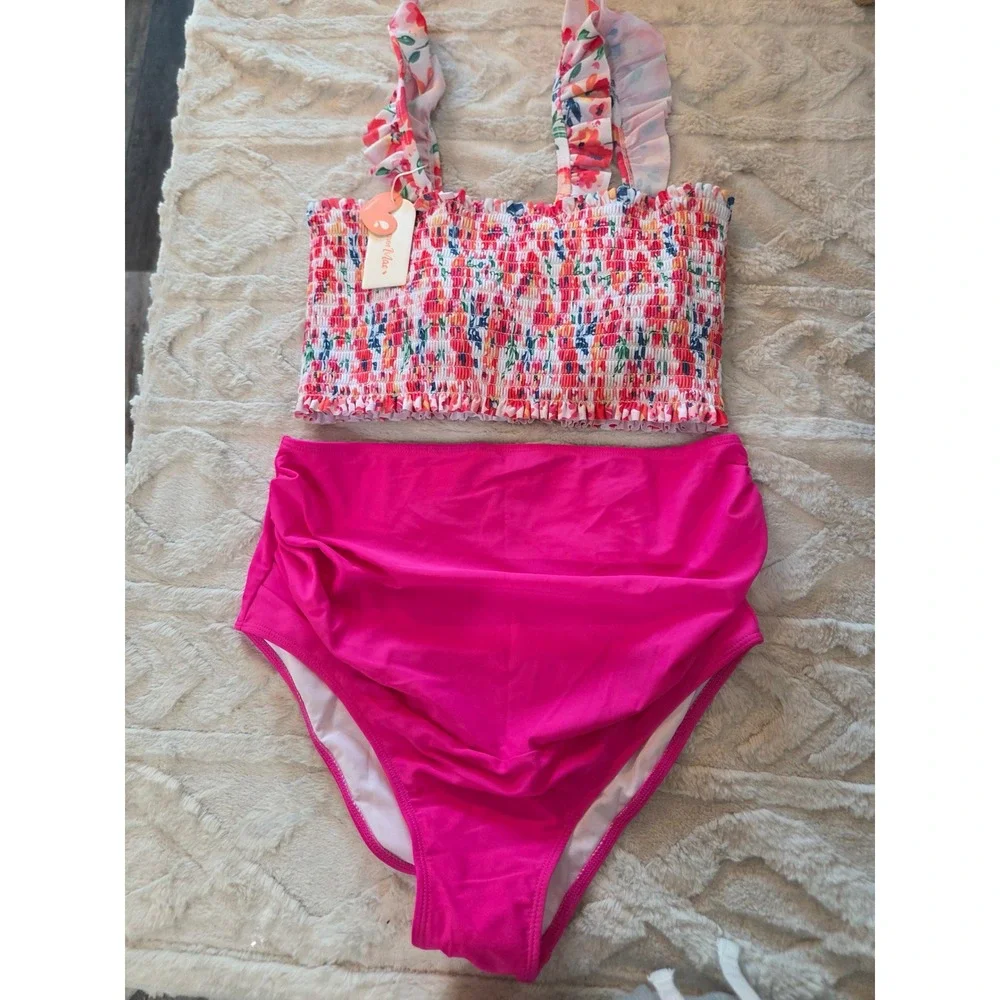 Summer Mae Maternity Bikini Set Floral Smocked Top High Waist Pink Size S NEW